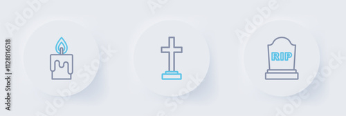 Set line Tombstone with RIP written, Grave cross and Burning candle icon. Vector