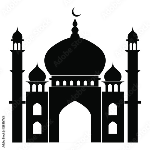 Black silhouette mosque with minaret on white background.