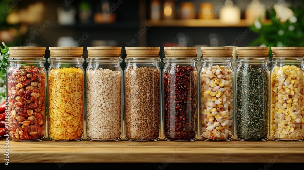 Glass jars filled with various grains and legumes on wooden surface. Glass jars filled with various grains and legumes on wooden surface.