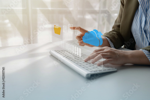 Data management, company employees use a central data storage system shared within the organization, storing data on the cloud. Concepts of using technology to manage data and databases.
