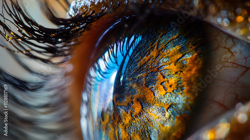 A mesmerizing close-up of an eye reflecting a rainbow. photo