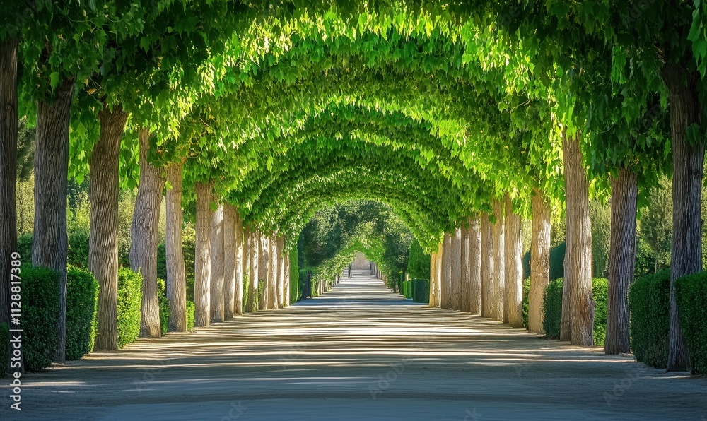 Lush green tree-lined pathway with arching branches, sunlight filtering through leaves, serene atmosphere, well-maintained hedges, inviting walk Lush green tree-lined pathway with arching branches, sunlight filtering through leaves, serene atmosphere, well-maintained hedges, inviting walk