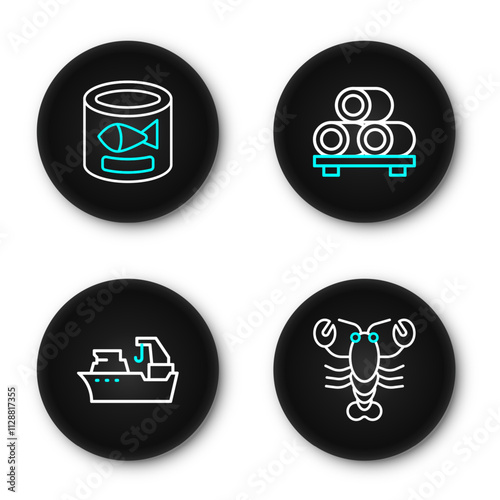 Set line Lobster, Fishing boat, Sushi on cutting board and Canned fish icon. Vector