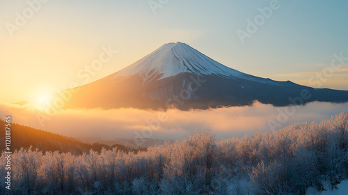 A mountain peak covered in a thick layer of untouched powder snow at sunrise.
