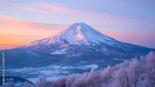A mountain peak covered in a thick layer of untouched powder snow at sunrise.