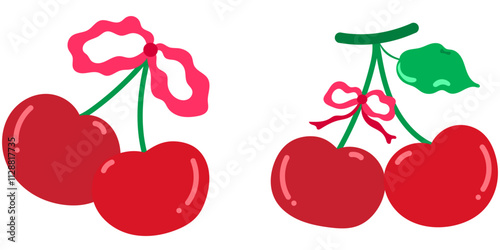 red cherries with decorative pink bows and green leaf accents