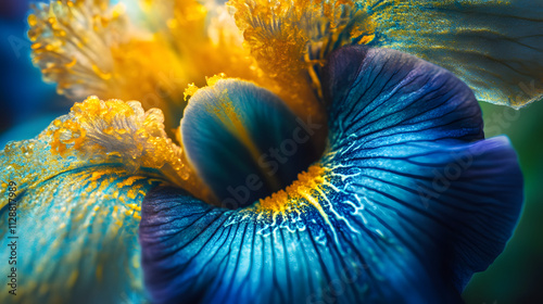 A multicolored iris blending blue green and gold tones.