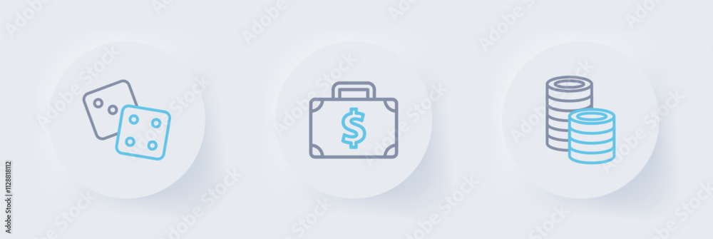Set line Casino chips, Briefcase and money and Game dice icon. Vector Set line Casino chips, Briefcase and money and Game dice icon. Vector