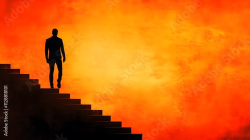 A silhouette of an adult man climbing the stairs against a gradient orange background, symbolizing progress and growth in life or business