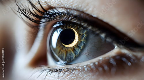 A mystical eye with a crescent moon reflected in the pupil.