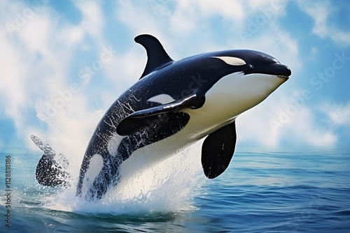 Jumping killer whale in ocean waves photo