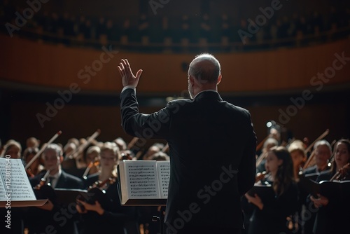 Conductor conducts an orchestr, the music of the orchestror the voices in choir sound coherent photo