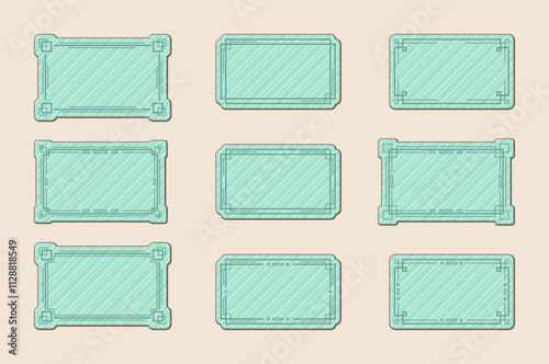 Green rectangular stickers with striped texture and linear geometric borders, isolated on a pale beige background. Collection of different label frames with place for text. Vector set for scrapbooking