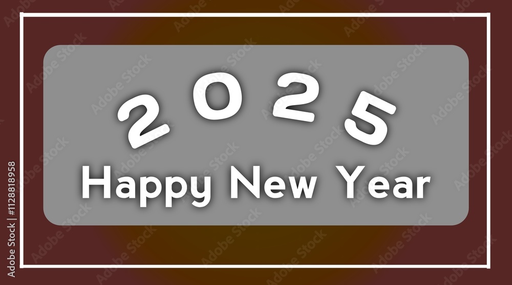 2025 Happy new year greeting card with silver and chocolate color background with white border line
