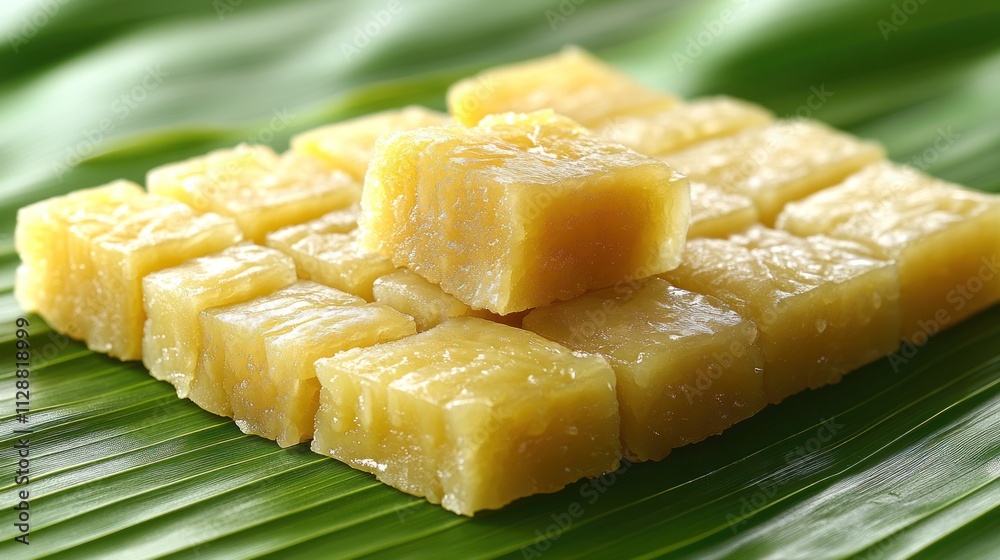 Golden cubes of sweet dessert on banana leaf. Golden cubes of sweet dessert on banana leaf.