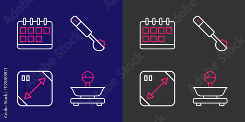 Set line Scales, Diagonal measuring, Measuring spoon and Calendar icon. Vector