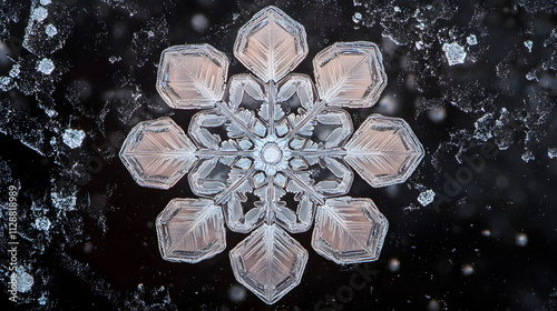 A perfectly symmetrical snowflake on a frosty window glowing in morning light. photo