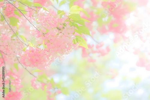 A close-up of soft pink peach blossoms covering the branches of a tree, set against a gentle blue spring sky and fresh green leaves.  photo