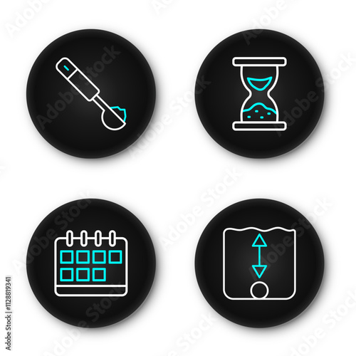 Set line Depth measurement, Calendar, Old hourglass with sand and Measuring spoon icon. Vector