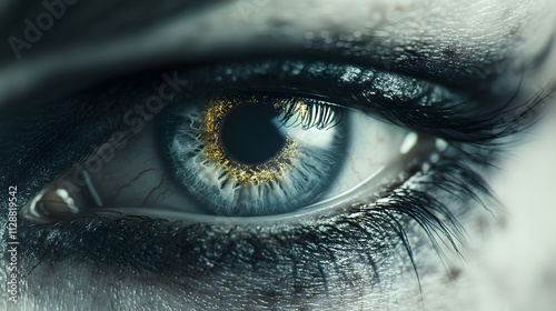 A piercing gray eye with a subtle ring of gold around the pupil.