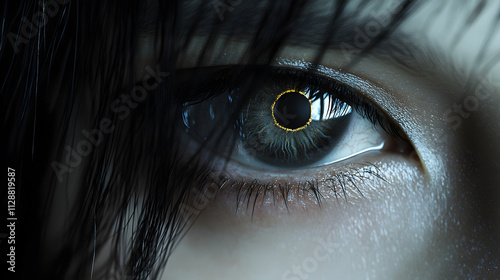 A piercing gray eye with a subtle ring of gold around the pupil.