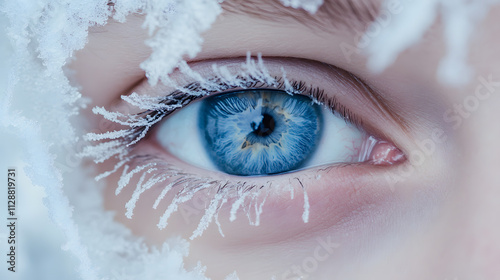 A piercing ice-blue eye surrounded by frosty lashes.