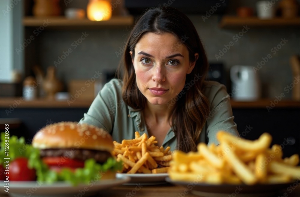 Nutritionist in a denim shirt at a table with fresh salad and crispy fries, highlighting meal choices Nutritionist in a denim shirt at a table with fresh salad and crispy fries, highlighting meal choices