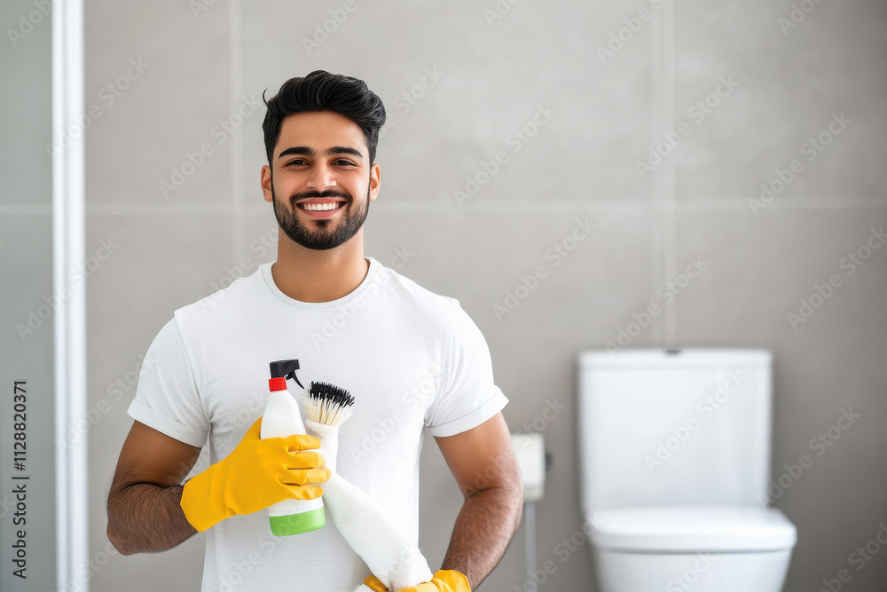 Young man dressed in a solid-colored casual t-shirt wearing bright cleaning gloves. He stands confidently a spacious, pristine bathroom, holding a toilet cleaner bottle Young man dressed in a solid-colored casual t-shirt wearing bright cleaning gloves. He stands confidently a spacious, pristine bathroom, holding a toilet cleaner bottle