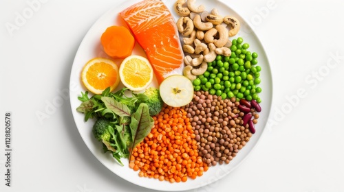 Colorful plate with vegetables and nuts symbolizes balanced diet and healthy eating. photo