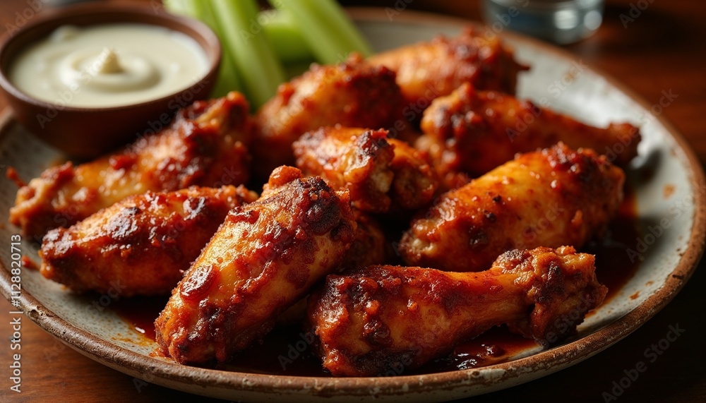 Spicy grilled chicken wings served with celery and dipping sauce on a rustic plate Spicy grilled chicken wings served with celery and dipping sauce on a rustic plate