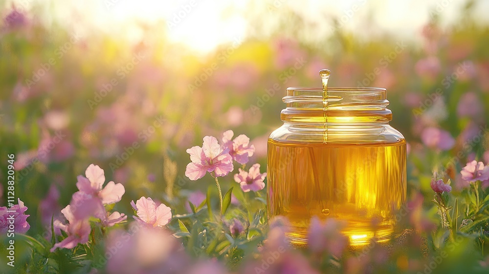 Golden liquid in glass jar surrounded by pink flowers in a field at sunrise. Golden liquid in glass jar surrounded by pink flowers in a field at sunrise.