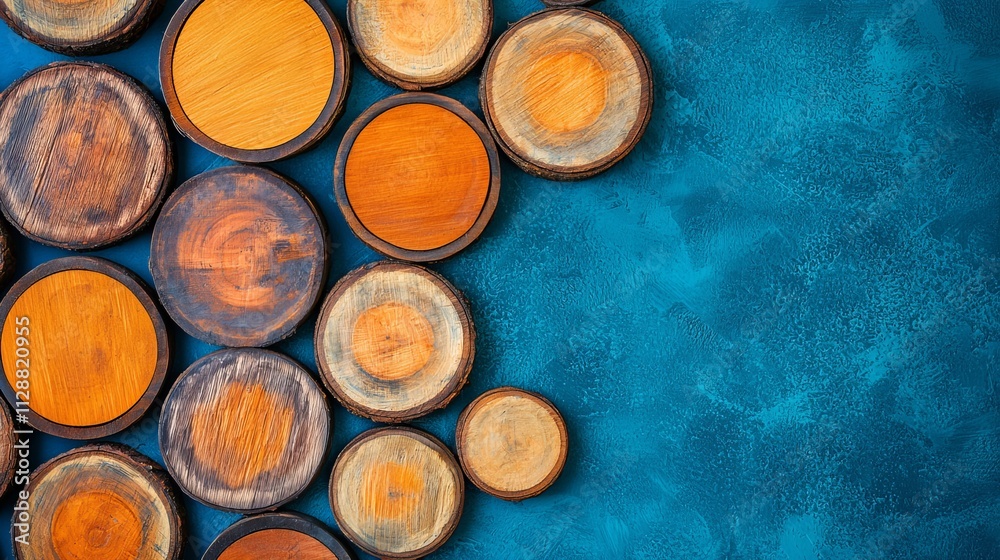 Rustic Wooden Circles Arranged on Blue Background Rustic Wooden Circles Arranged on Blue Background
