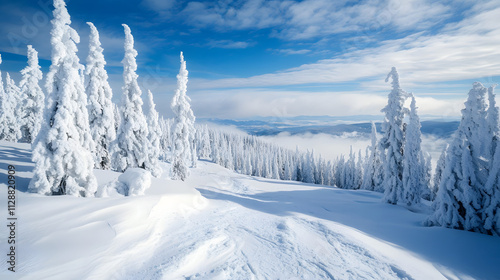 A pristine mountain ridge blanketed in thick powder snow under a clear blue sky.