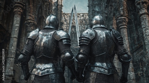 Two Knights Stand Back To Back Before Ancient Ruins