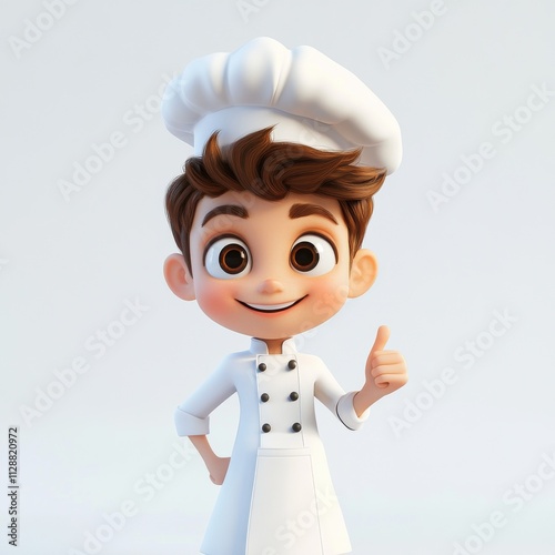 A cheerful cartoon chef boy gives a thumbsup, wearing a white chefs uniform and hat.