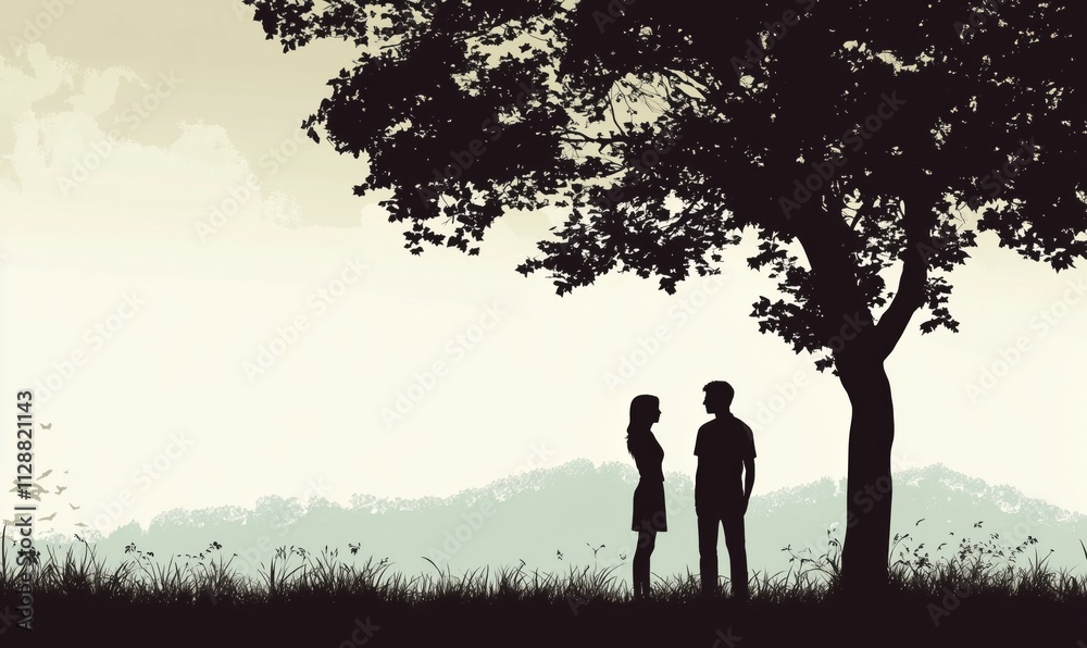 Silhouette couple under tree, romantic scene, soft background, nature, love, connection Silhouette couple under tree, romantic scene, soft background, nature, love, connection