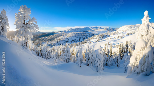 A pristine mountain ridge blanketed in thick powder snow under a clear blue sky.