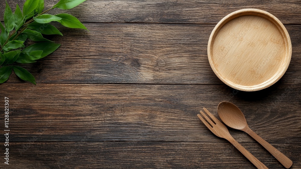 Rustic Wooden Table Setting with Bamboo Plate and Utensils Rustic Wooden Table Setting with Bamboo Plate and Utensils