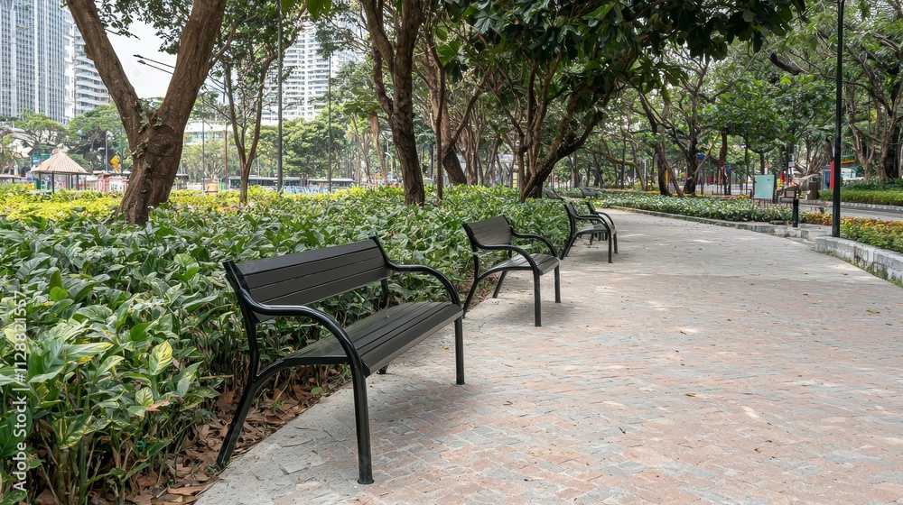 Serene Park Pathway with Benches and Lush Greenery Serene Park Pathway with Benches and Lush Greenery