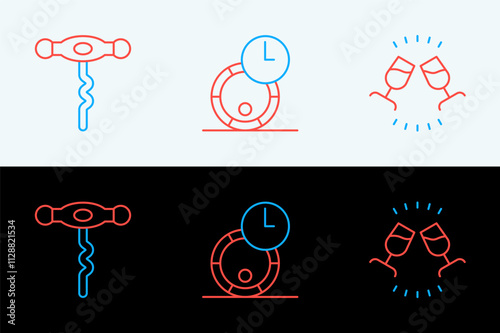 Set line Wine tasting, degustation, corkscrew and Wooden barrel for wine icon. Vector