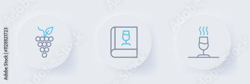 Set line Wine tasting, degustation, Book about wine and Bunch of grapes icon. Vector