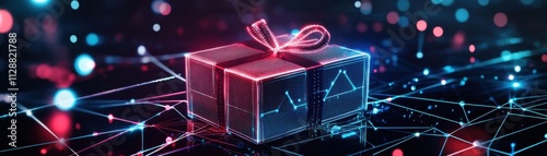 A glowing gift box with digital elements representing innovation and surprise.