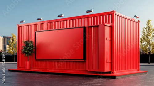 Bright Red Shipping Container Structure with Large Screen and Green Plants