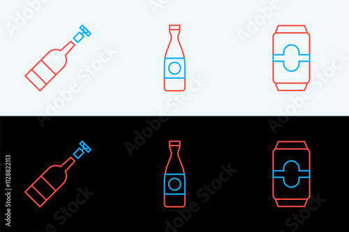 Set line Beer can, Opened bottle of wine and icon. Vector