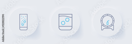 Set line Wooden barrel on rack, Glass of whiskey and Effervescent tablets in water icon. Vector