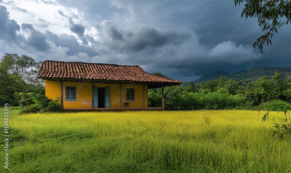 Yellow house in green field under stormy sky, rural landscape, vibrant colors, lush vegetation, dramatic clouds Yellow house in green field under stormy sky, rural landscape, vibrant colors, lush vegetation, dramatic clouds
