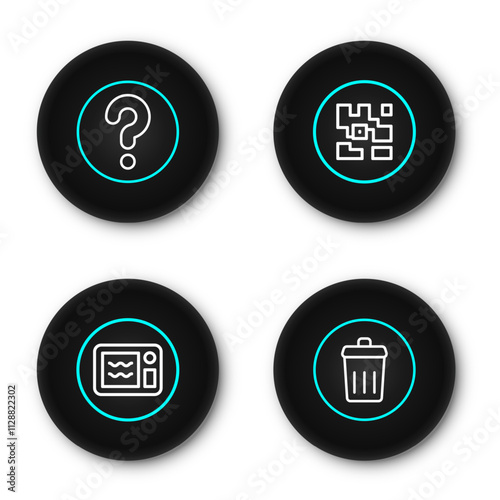 Set line Trash can, Microwave oven, QR code and Unknown search icon. Vector