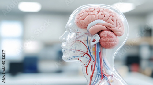 A detailed anatomical illustration of a human head, showcasing the brain and vascular system in a clinical setting.