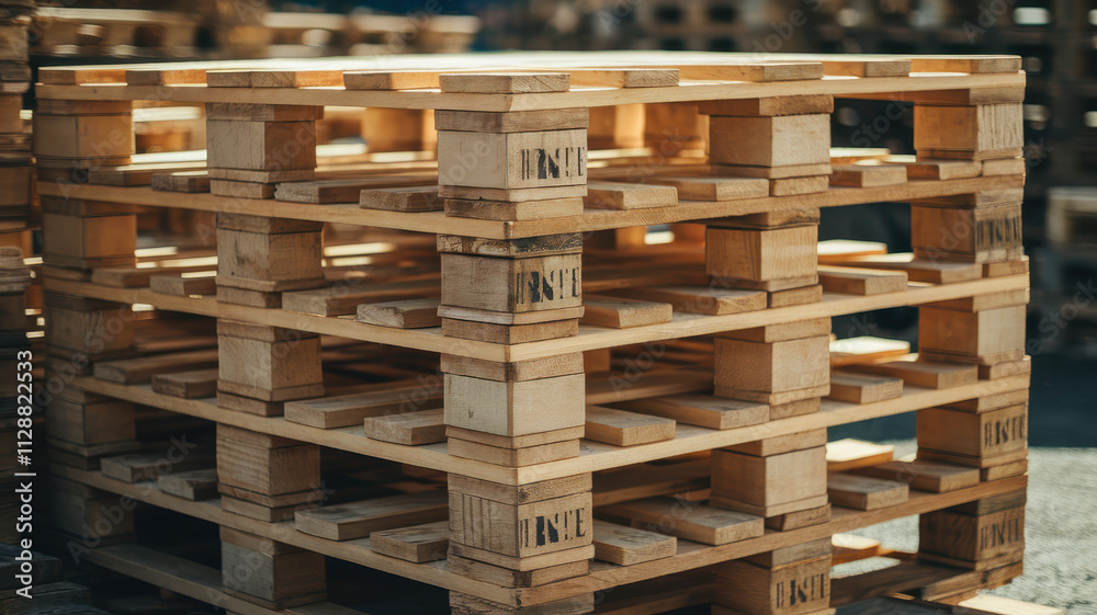 Stacked wooden pallets in a warehouse, showcasing craftsmanship and structure in warm tones.