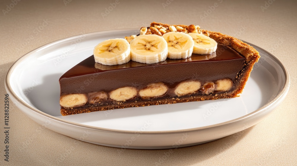 A slice of banana-layered cookie pie features rich chocolate and coconut cream filling topped with sliced bananas and honey-roasted nuts A slice of banana-layered cookie pie features rich chocolate and coconut cream filling topped with sliced bananas and honey-roasted nuts